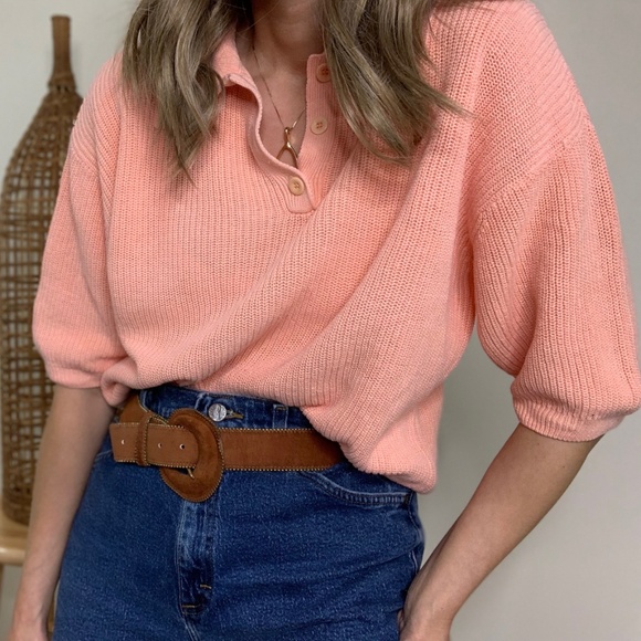Vintage Sweaters - Vintage Salmon Linen Knit Henley Pullover
